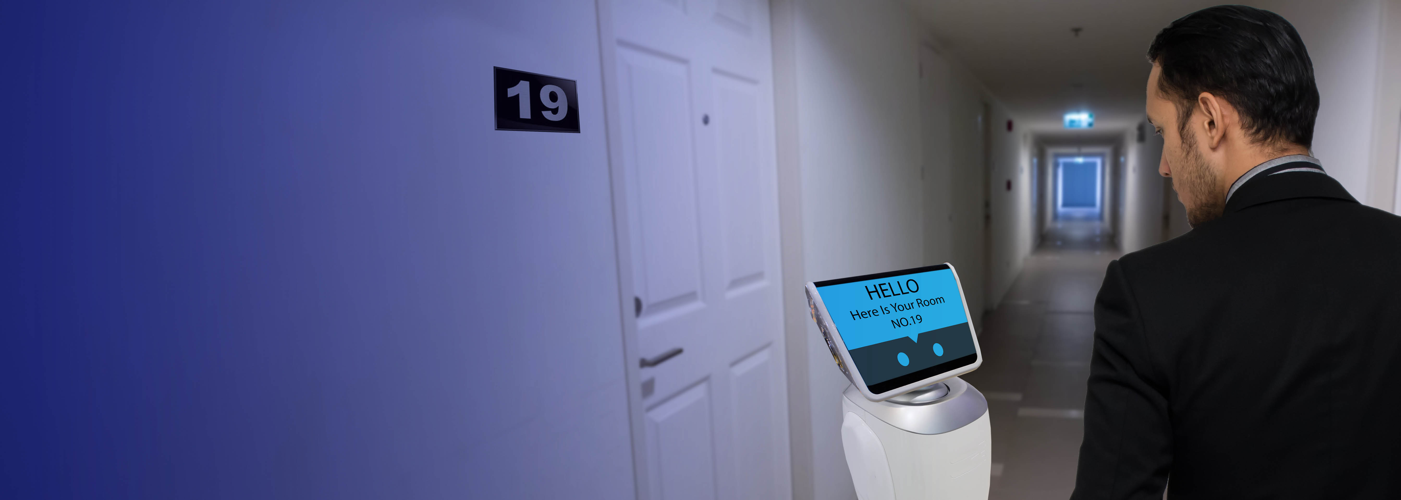Businessman using automated personalization to find his hotel room