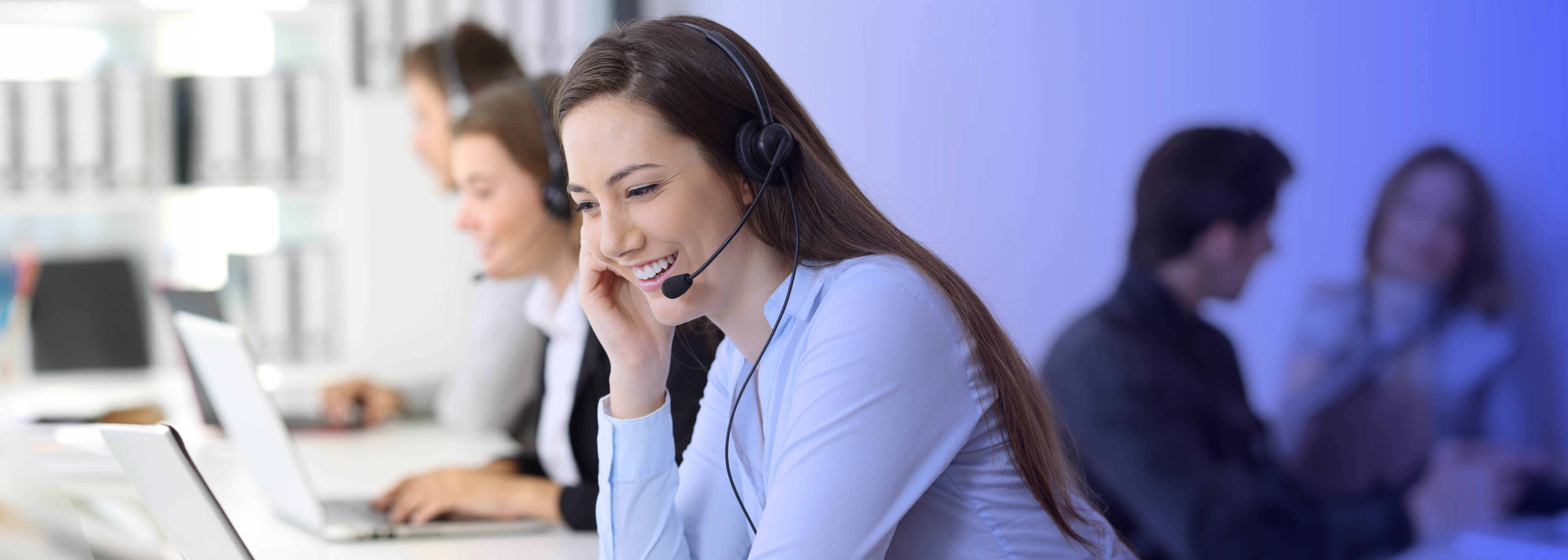 Happy agent engages with a customer