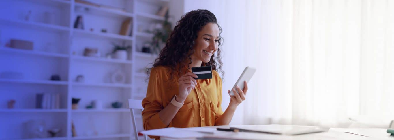 happy customer using conversational AI for her banking needs